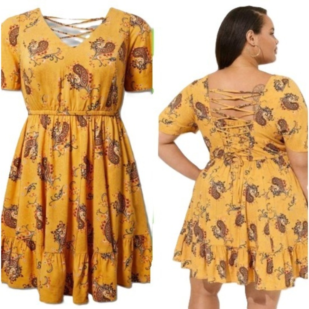 Torrid Paisley Dance Mineral Yellow Lace Back Flutter Sleeve Mini Dress 00 M/L